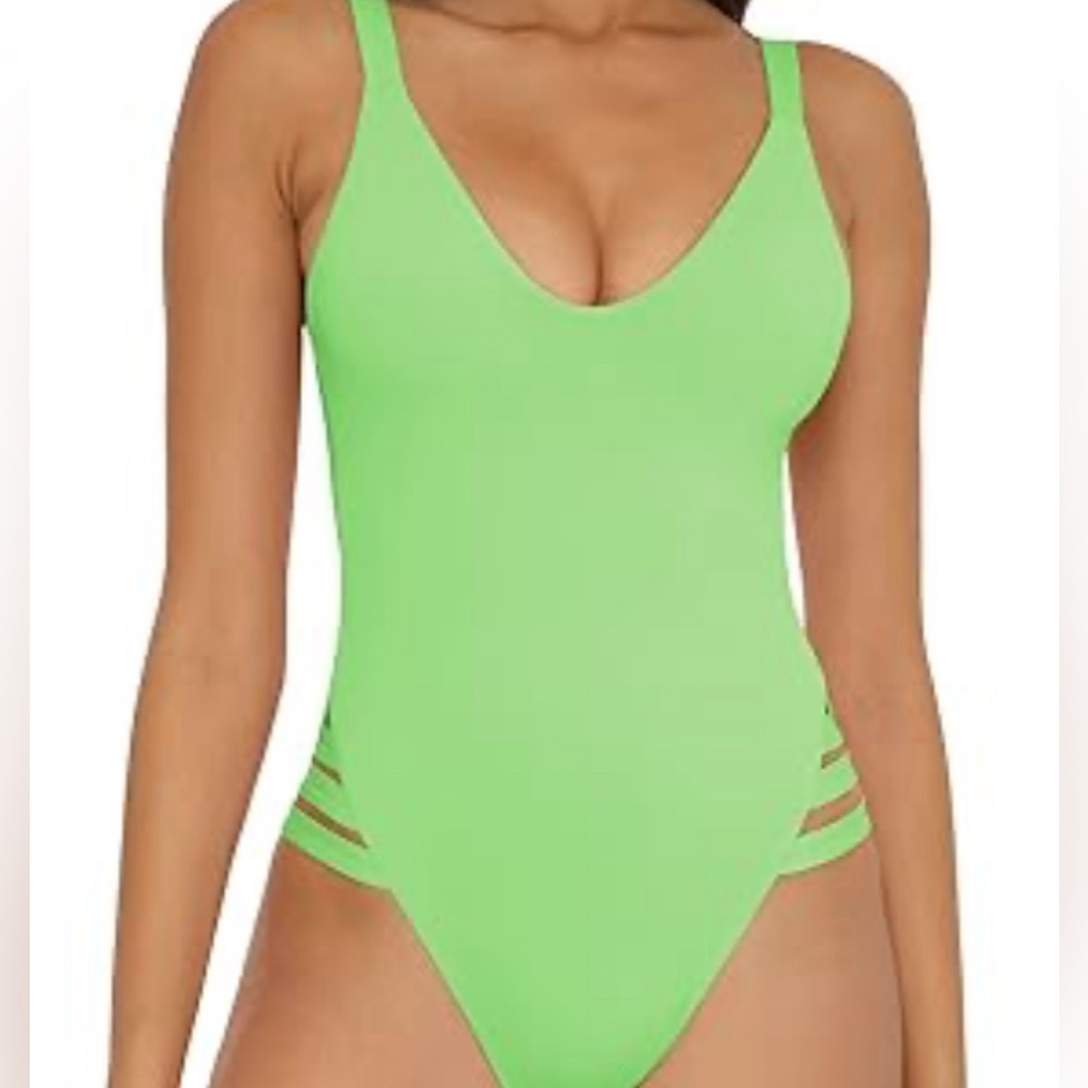 BECCA Women's High Leg One Piece Swimsuit-Scoop Neck, Open Back Design